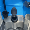 inside Grey Blue Outhouse Portable Toilet with Flush and Sink for Sale