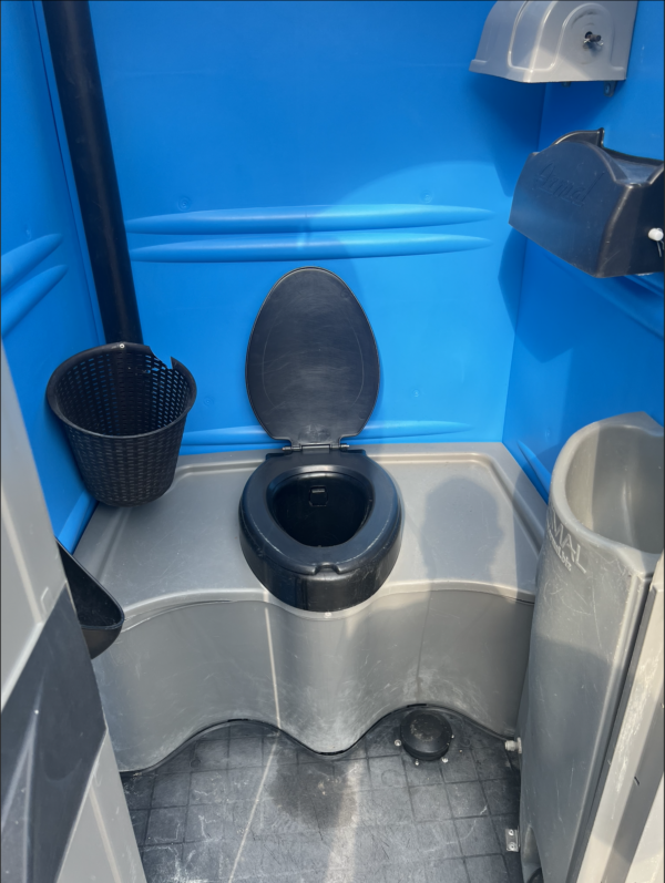 inside Grey Blue Outhouse Portable Toilet with Flush and Sink for Sale